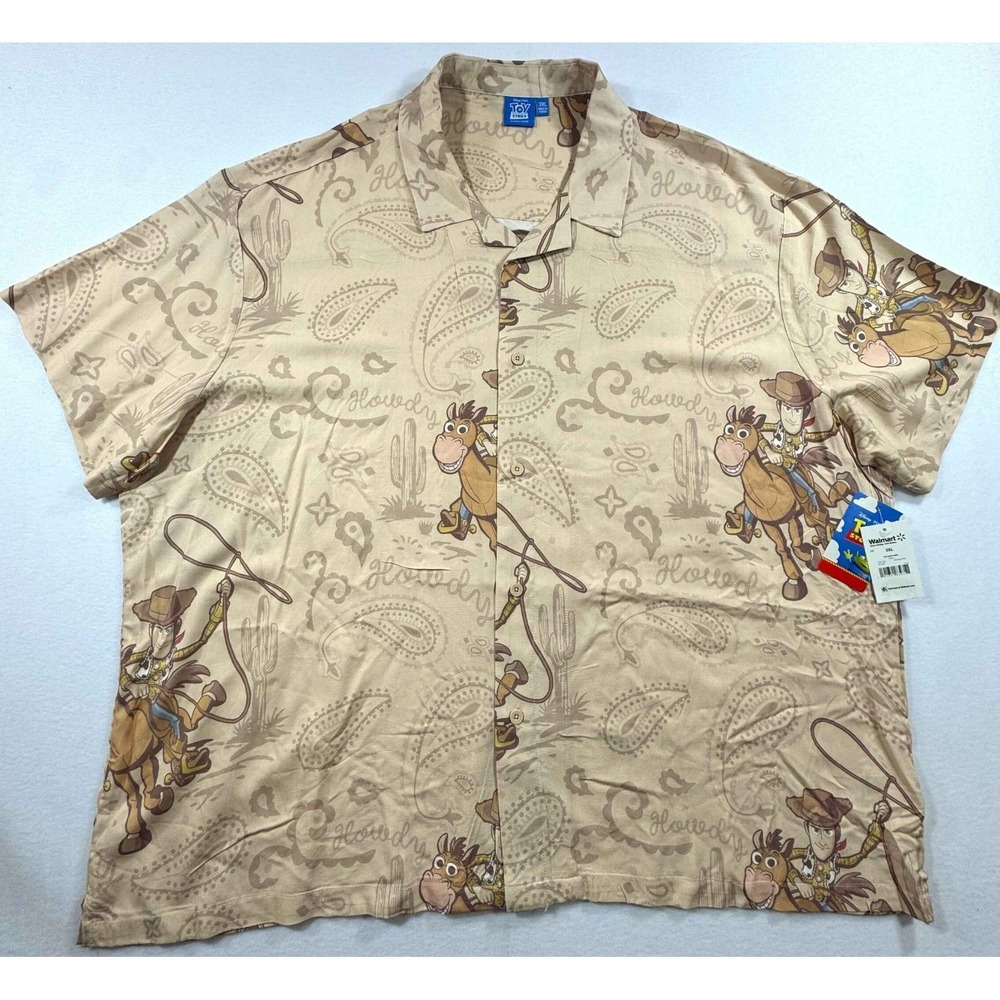 Disney Pixar Toy Story Mens 3XL Woody Bullseye Rayon Button Up Shirt NWT